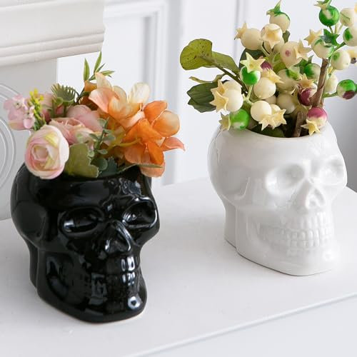 Tanvecle Lot de 2 pots de fleurs en forme de tête de mort, vase squelette pour plantes grasses, fleurs, centre de table gothique pour table, décoration d'intérieur punk et accessoires, décorations