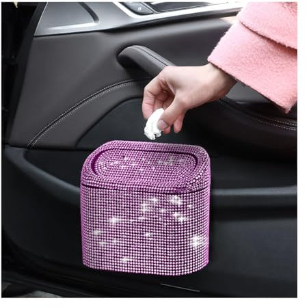 JNNJ Contenedor Basura Pequeño Para Coche, Cubo De Basura Portátil a Prueba De Fugas, Cubo De Basura Con Diamantes, Bling Cubo Basuras Con Tapa, Para Coches Consola Tazas, Oficina(Rosa)