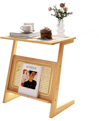 LIFEZEAL Beistelltisch Bambus, Glastisch Rattan mit Z-Regal, Wohnzimmertisch Glas mit Zeitschriftenhalter, Sofatisch Kaffeetisch für Wohnzimmer, Schlafzimmer, 51,5 x 37 x 58 cm, Natur