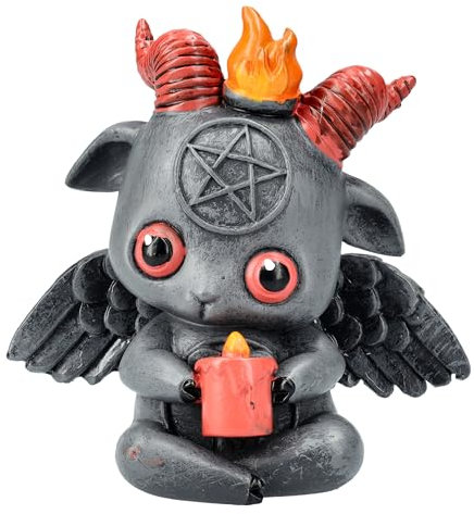 Pacific Giftware Baphomet Figur - Niedlicher Baphy beim Ritual - Süße Deko mit Pentagramm & Flammen, 9.5cm, Gothic, Kunststein, grau