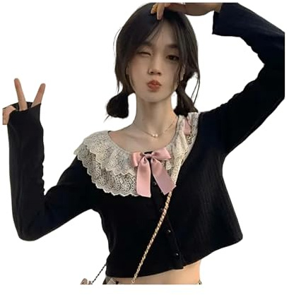 FRESQA Patchwork Spitze Süße Kawaii Shirt Frauen Bogen-Knoten Japanischen Stil Lolita Bluse Weiblichen Koreanischen Mode Lange Hülse Kleidung 2023