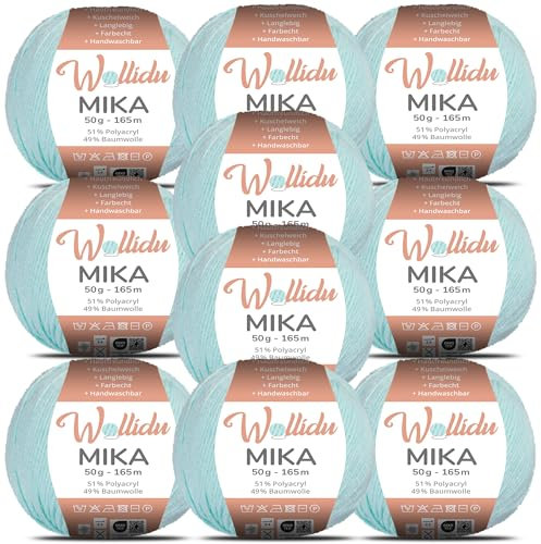 Wollidu Mika 51% Polyacryl 49% Baumwolle zum Häkeln und Stricken 10x 50g/165m Oeko-Tex Strickgarn Häkelgarn - Mint