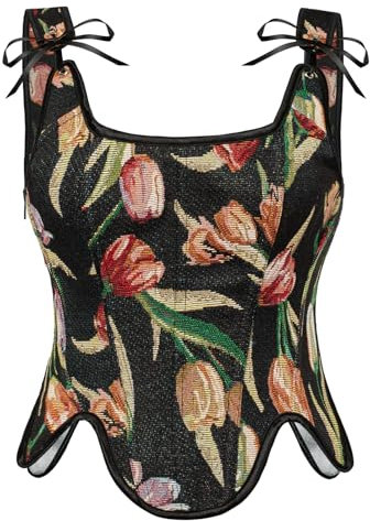 SCARLET DARKNESS Damen Viktorianische Corsagen Lace-Up Ärmellos Retro Korsett mit Rot Blumendruck Schwarz 38