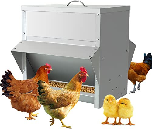 MUYIRTED 25KG Gross Hühner Futtertröge Automatischer Geflügelfutterautomat, Regenfester Edelstahl-Feeder, Geflügel Fütterung Tröge Mit Deckel Für Hühner Puten
