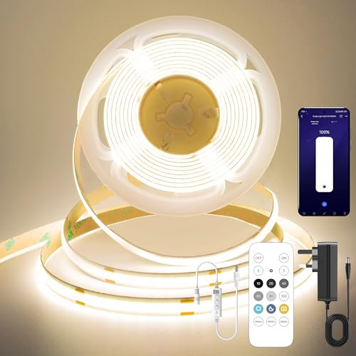 FUIQI COB LED Strip 5M,Dimmable Dotless LED Strip Lights with Smart App and Remote,24V Natura White 4000K with Power Supply,8mm Wide,CRI>90 LED Lights for Indoor Room,Kitchen,cabinets,Mirrors