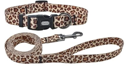 Olahibi Kombi-Set mit Hundehalsband und Leine, Leopardenmuster, Polyester-Material, 150 cm, passende Leine, für kleine Welpen, Größe XS, Hellkaffeefarben