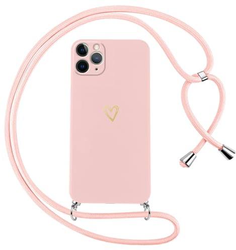 Oelrstfe Handyband für iPhone 11 Pro Hülle mit Band Herz Motiv Handyhülle für zum Umhängen Silikon Stoßfest Ultra Dünn Weich Schutzhülle mit Kordel Necklace Kette Love Muster Case,Rosa