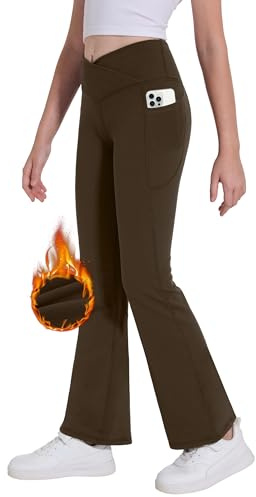 Desol Thermo Kreuzdesign Schlaghose Mädchen mit Taschen für Teenager Elastische Flared Leggings für Sport und Yoga Sporthose ideale Gymnastikhose und Jogginghose