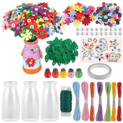 Blumen Bastelset für Kinder, Basteln Sie Ihren Eigenen Blumenstrauß mit 80 Knöpfen, 90 Filzblumen, 80 Blätter, 3 Kunststoffvasen und 7 Farbige Papierschnüre, Blumen Basteln Kinder für Mädchen