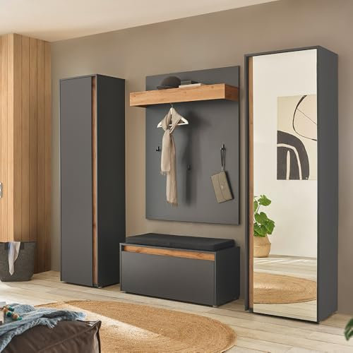 Lomadox Flur Garderoben Set in anthrazit mit Eiche, 4-teilig, Garderobenpaneel, Schuhbank, Garderobenschränke, modern