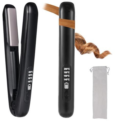 Layhou mini plancha pelo inalámbrica, plancha pelo viaje, 2 en 1 plancha pelo y rizador inalámbrico, planchas del pelo portátil Type-C recargable, 140-200°C, pantalla LED, Calentamiento Rápido de 30s