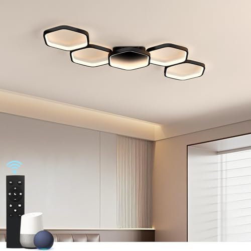 Yuanfenghua Matter Smart LED Deckenleuchte,Deckenleuchten Work with Alexa,HomeKit,GoogleHome and IFTTT,48W 3000-6500K Deckenlampe mit Fernbedienung für Schlafzimmer,Wohnzimmer,90cm,Schwarz