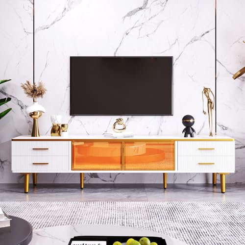 LONELYO Meuble TV Bas Effet marbre avec 4 tiroirs texturés et poignées dorées, 2 Portes en Verre trempé Brun, Meuble télé Moderne Design pour Salon, 170 x 37 x 47,5 cm