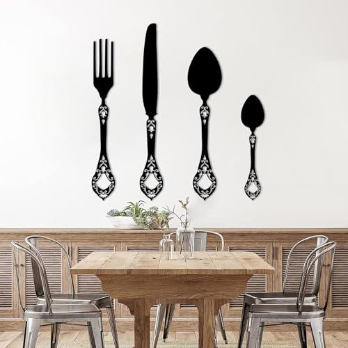 Knife Spoon Fork Metal Wall Decor, Metal Knife Spoon Fork Wall Art, Kitchen Wall Decor, Large Dining Room Wall Art, Modern Table Sculpture, Western Home Decoration (Gold, 35x19/90x48cm) (Black
