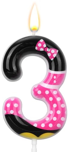 Pink Black Birthday Candle, Cute Cartoon Cake Toppers Number Candle for Cake & Cupcakes Anime Animal Themed Girls Birthday Party Decorations Supplies (Number 3)