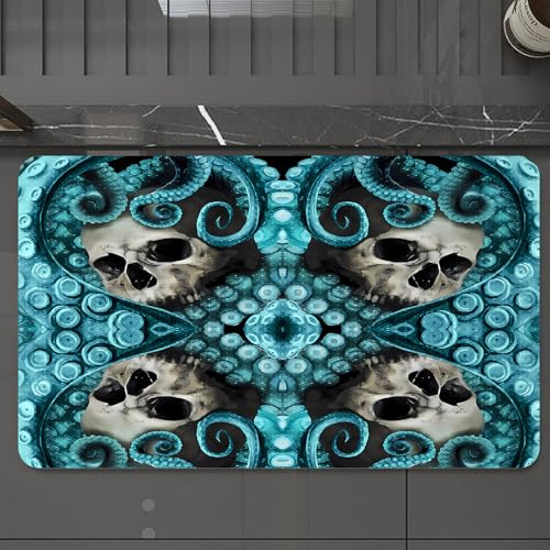 EMCLKS Badteppich rutschfeste,weicher Badezimmerteppich Badematte Badvorleger für Dusche,Badewanne und Toilette,Blauton, Totenkopf und Oktopus, Totenkopf und Oktopus-Tentakeln, Sich wiederh,60x90 cm
