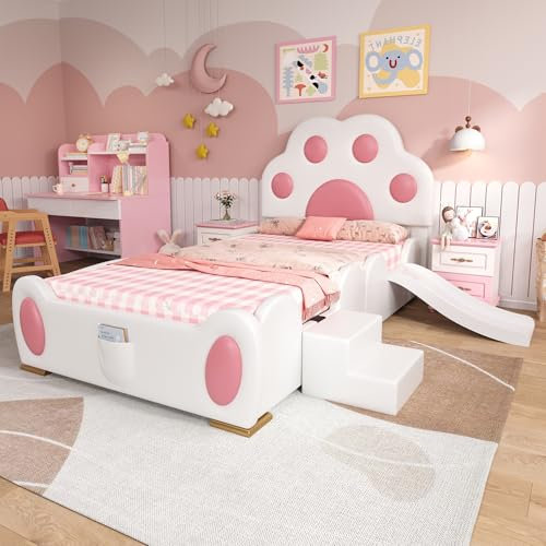NNJN Cama tapizada, cama individual, cuna, cabecero en forma de pata de gato, con un tobogán infantil y una escalera de dos niveles, superficie de poliuretano, color blanco + rosa, 90 x 200 cm