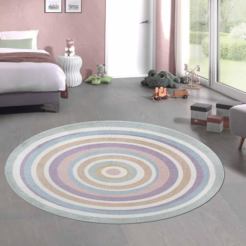 CARPETIA Teppich Kinderzimmerteppich rund mit Kreismuster Pastell weich robust pflegeleicht 120 x 120 cm rund