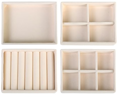 Kaiyzo 4 Pezzi Organizzatore Gioielli, Organizer Cassetti, Porta Gioie Impilabili, Vassoio per Gioielli per Riporre e Presentare Orecchini, Anelli, Collane, Braccialetti (Beige)