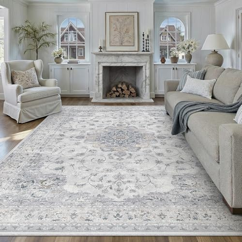 PureCozy Teppich Wohnzimmer 240x300cm Blau Waschbarer Vintage Wohnzimmerteppich kurzflor rutschfest Weich Groß XXL Retro Carpet für Schlafzimmer Esszimmer Bedroom Living Room Büro