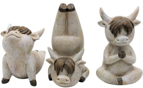 XL Deko Highlandrinder, Highlandrind mit Yogaposen, Yoga - Highlandrinder, Hochlandrinder ohne Gesicht im 3er Set, aus Keramik, moderne Deko für Wohnräume oder Balkon, Größe: L/B/H ca. 10 x 9 x 16 cm.