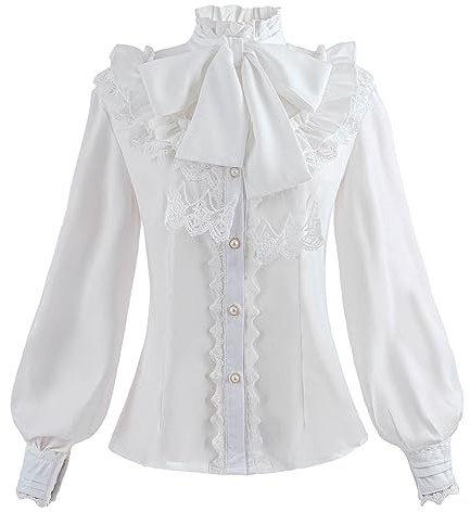 Nuoqi Women Lolita Lace Stand-Up Collar White Lotus Ruffle Shirt Retro Victorian Blouse GC238A, A-white, X-Large