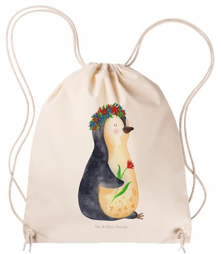 Mr. & Mrs. Panda Sportbeutel Pinguin Blumen - Geschenk, Kleine Sporttasche, Tasche, Blumenkranz, Turnbeutel Baumwolle, Sporttasche, Lebenslust,