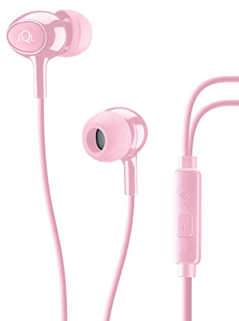 AQL Acoustic - Cuffie Auricolari a Filo Cablato con Microfono e Tasto Risposta Integrato per Smartphone - Stereo - Jack da 3,5mm - Rosa