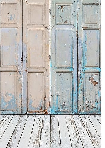 YongFoto 3x5ft Vinyl Photography Backdrop Shabby Blue Wood Door White Floor Wooden Interior Backdrops for Photo Shoots Newborn Lovers Party Adult Kids Baby Portrait Photo Background Studio Props