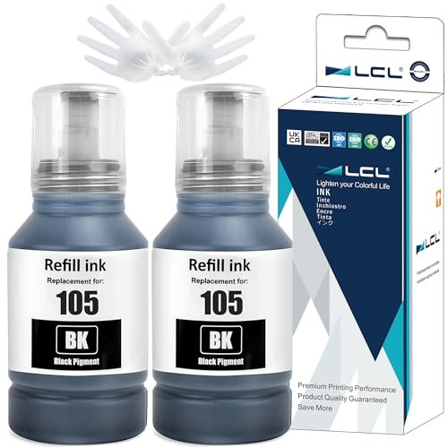LCL 105 Black High Capacity Ink Bottle Replacement for Epson 105 Ink Cartridge Bottle Multipack Compatible with Epson EcoTank L7160 L7180 ET-7700 ET-7750 Printers (2 Pack)