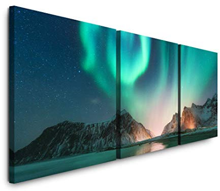 SIN-US 74 Polarlichter Bild XXL Panorama Deko Wandbilder 150x50cm - 3 Bilder a 50x50cm