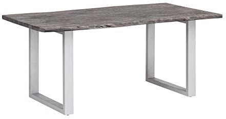 Woodkings® Esstisch Bullwer Holz Akazie grau, Metallfuß, Tisch mit Baumkante, Baumtisch, Baumkantentisch, Echtholz modern, Design, Massivholz, Küchentisch, Esszimmermöbel (200 x 100 cm, silberfarben)