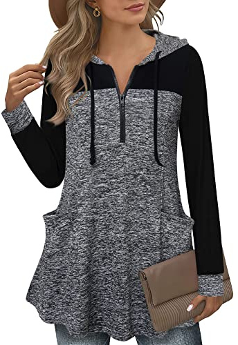 Gaharu Damen Sweatshirt Langarm Tunika Top Kapuze Oversize Kapuzenpullover Hoodie Lang V Ausschnitt Frauen Dünne Freizeit Herbst Winter Women A Linie Farbblock Strick Swing Multi-Schwarz,XL