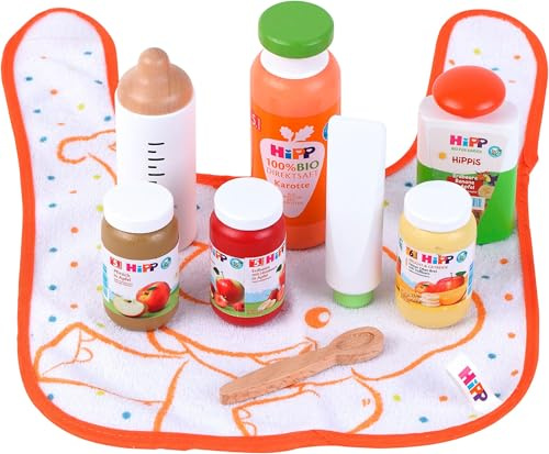 Tanner | Babyset aus Holz | Hipp Spiel-Lebensmittel Set mit viel Zubehör | inkl. Lätzchen, Milchflasche & Löffel | Holz-Spielzeug ab 2 Jahren | realistisches Rollenspiel für Kinder