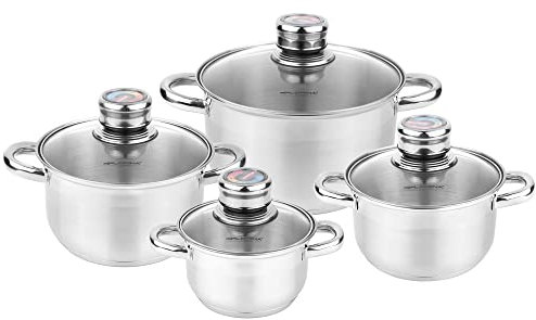 FLORINA Pablo Batería de Cocina Acero Inoxidable, 8 Piezas, Inducción, 4 Cacerolas, 4 Tapas de Cristal con Termómetro, Apta Para Todo Tipo de Cocinas, Apta Lavavajillas, 5K3939