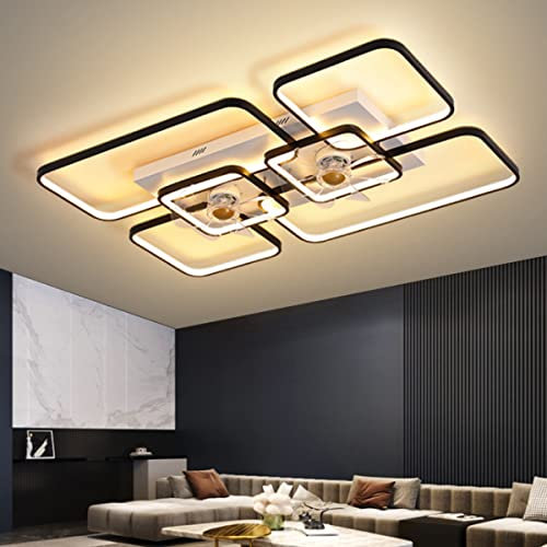 Deckenventilatoren Beleuchtung Mit Fernbedienung LED Deckenlicht Moderne 3 Farben Dimmbar Deckenleuchte 2 Ventilatoren Rechteck Kronleuchter Für Schlafzimmer Wohn Kinderzimmer Deckenlampe,Schwarz