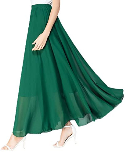 Damen Chiffon Maxirock Lässig Flowy Bund Falten Langer Prom Party Rock Grün L 100CM