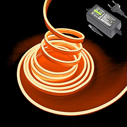 Balabaxer Orange Neon-LED-Streifenlichter, 16,4 Fuß/5 m 12 V DC 600 SMD2835 LEDs Wasserdichtes Lichtschlauch für Indoor Outdoor Home Decoration (mit Netzteil)