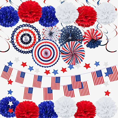 eBoutik – Thanksgiving USA Red, White & Blue American Patriotic Party Decorations Set - Hanging Star Bunting, Paper Fans, American Flags Décor, Celebrate Thanksgiving & Independence Day