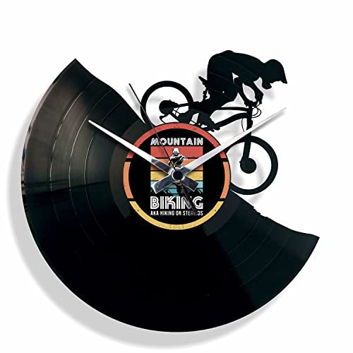 DISCOCLOCK - MTB-Uhr auf Scheibe aus 100% recyceltem Vinyl. Ideales Geschenk für Mountainbike- und Downhil-Liebhaber. Leise Vinyl-Uhr, einfach aufzuhängen