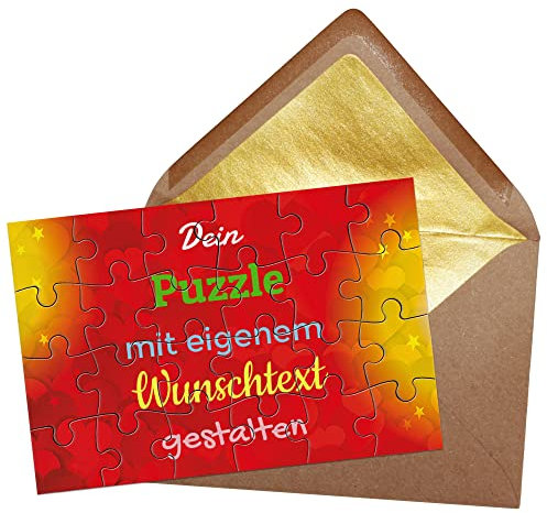 Puzzle selbst gestalten mit Text - 24 Teile Puzzle Personalisieren mit Wunschtext, inkl. Briefumschlag mit Gold-Inlay | Hintergrund Herzen