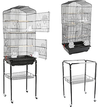 MINGYI Cage à Oiseaux avec Support, Cage Oiseau sur Pied, Volière Oiseaux pour Perroquet/Perruche/Canari/Parakeet/Calopsitte élégante/Pinson, Stil Classique (Noir, 46×36×150,6 cm)