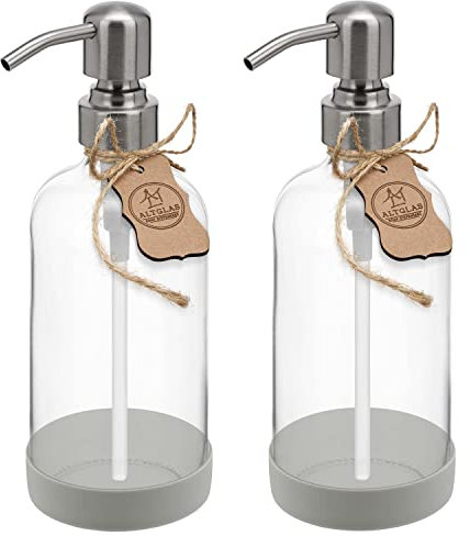 ALTGLAS Seifenspender 'Sarajevo' - Doppel Set Dusch Spender aus Klar Glas Flasche mit Silikon Untersetzer und 304 Edelstahl Pumpkopf in gebürstetem Silber (2 Stück a 500 ml)