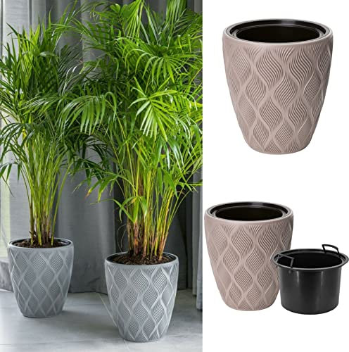 YULKA Großer und dekorativer Blumenübertopf mit herausnehmbaren Einsatz 2in1, 3D-Textur, Oval | Blumenkübel Pflanztopf | für draußen und innen, frostbeständig | Farbe: Taupe