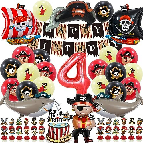 SWOKKTS Piraten Geburtstagsdeko 4 Jahre, Piraten Deko Kindergeburtstag Luftballon Set, Piraten Deko Mädchen Junge 4 Geburtstag, Happy Birthday Banner mit Tortendeko Geburtstag (Piraten 4)