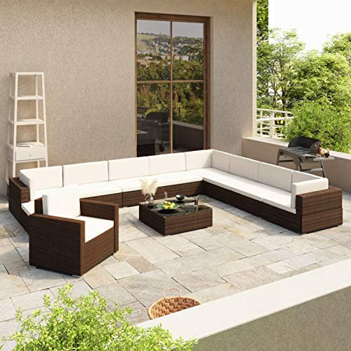 Homgoday Gartenmöbel Set 12-TLG. Garten Lounge-Set mit Auflagen Gartensofa Rattansofa Lounge Sitzgruppe Sofagarnitur Gartenlounge Mittelsofa Ecksofa Poly Rattan Braun und Cremeweiß