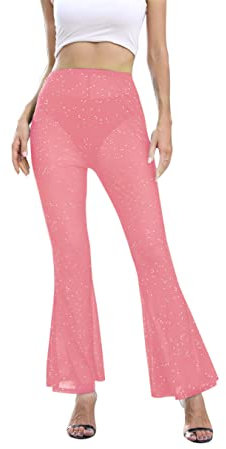 Damen Rave Sheer Mesh Glänzende Hosen Ausgestellte Hohe Taille Glocke Bottom Hose für Party Dance Festival, Pink, X-Groß