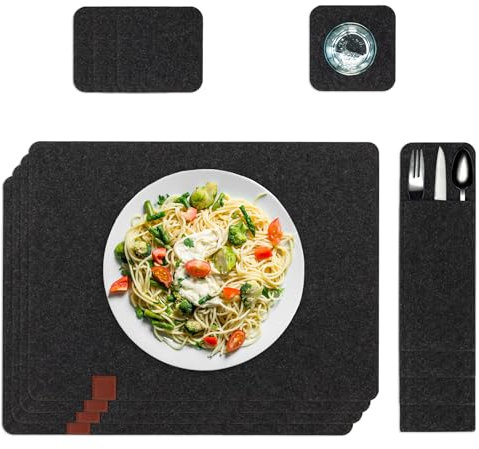Tischsets abwaschbar Platzsets Platzdeckchen Filzset - Tischuntersetzer Filzuntersetzer Tischset Platzset Tischunterlage Filzunterlage 3in1 Filz Set eckig Dunkelgrau