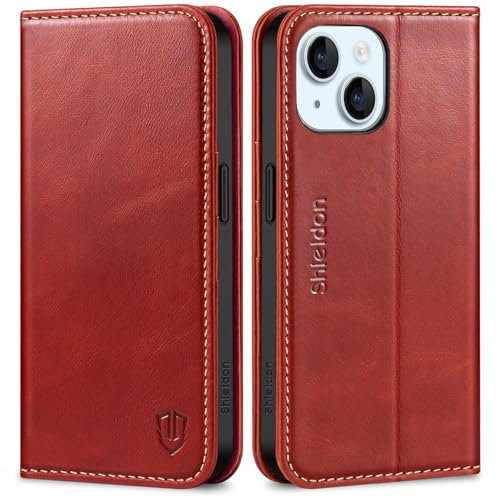SHIELDON Hülle für iPhone 15, Lederhülle [Echtleder] [RFID Blocker] [Kartenfach] [Magnet] TPU, Stoßfeste Klapphülle Handyhülle Kompatibel mit iPhone 15 5G 6,1 - Retro Rot