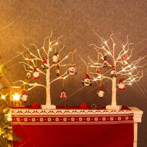 DELICHTER 2er Set Lichterbaum für Innen 24 Warmweiß LEDs Bäumchen Birken, 16er weihnachtswichtel Holz Deko Hänger Weihnachtsbaumschmuck Figuren, amerikanisches Kinder Tischdeko